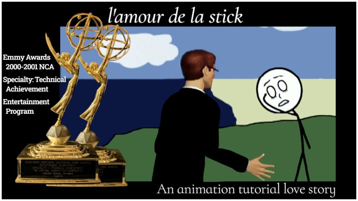 TechTV's real-time motion-capture animated character Dash wins two Northern California Area Emmys for Best Entertainment Program and Specialty: Technical Achievement but is rejected by his stick figure lover in the Flash animation tutorial love story"L'amour de la stick"